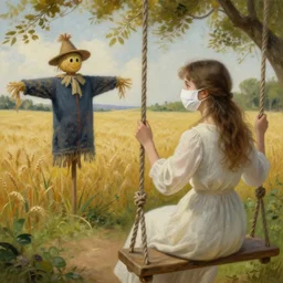 detailed soft painting of a girl wearing a white face mask on a garden swing, seeing a scarecrow in a field of wheat rembrandt style, elegant, highly detailed, artstation, concept art, matte, sharp focus, folk horror