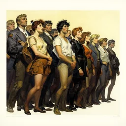 riotous by alex alemany, by frank frazetta. a beautiful print of a group of people standing in a line. they are all facing the same direction & appear to be waiting for something.