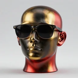 a head made out of melting metal, it is of black and golden and red color, it is wearing sunglasses and a hat, there are flowers all around it, multiple splashes of blue paint, vogue cover style, greg rutkowski style