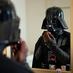 darth vader looking in a mirror and applying makeup