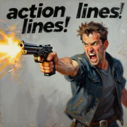 tobuscus pointing a gun, shooting, muzzle flash, enraged, painting by phil hale, 'action lines'!!!, graphic style, visible brushstrokes, motion blur, blurry
