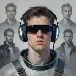 future coder man looking on, sleek cyclops display over eyes and sleek bright headphoneset, neon accent lights, desaturated headshot portrait painting by dean cornwall, rhads, john berkey, egon schiele tom whalen, alex grey, donoto giancola, astronaut cyberpunk electric fashion photography