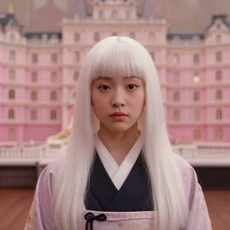 a film still of a japanese princess young lady, with white hair and bangs!!!! in the grand budapest hotel ( 2 0 1 4 )