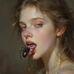 Emma with spider on her tongue, fantasy, intricate, elegant, dramatic lighting, emotionally evoking symbolic metaphor, highly detailed, lifelike, photorealistic, digital painting, artstation, concept art, smooth, sharp focus, illustration, art by John Collier and Albert Aublet and Krenz Cushart and Artem Demura and Alphonse Mucha