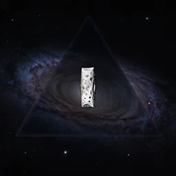 triangular planet with a rectangular moon in the center of the galaxy