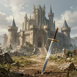 huge and intricate castle in background, sword stuck in the dirt in the foreground, concept art