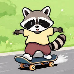 cartoon illustration of a raccoon riding a skateboard
