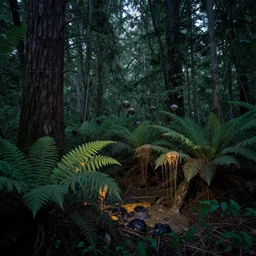 photo of a thick forest at dusk that is inhabited by a type of radioactive radium based lifeform that watches the photographer from the cover of the underbrush, staining the scenery with its waste, sludge dripping from ferns