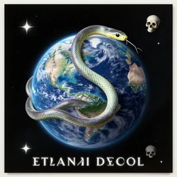 ethereal snake on planet earth, view from space, digital art poster, professional graphic designer, skulls for stars