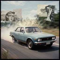 picasso album art style of a drifting car. film photography, soft lighting, artstation, collage, lost art