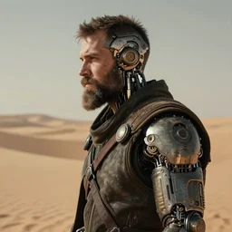 a bearded rugged mercenary man with cybernetic enhancements lost in the desert, scifi character portrait by greg rutkowski, esuthio, craig mullins, 1 / 4 headshot, cinematic lighting, dystopian scifi gear, gloomy, profile picture, mechanical, half robot, implants, steampunk