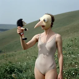 1970 woman wearing a mask with a long prosthetic nose long snout with nostril, prosthetic eyeballs, wearing a leotard on the hillside 1970 color archival footage color film 16mm holding a hand puppet Fellini Almodovar John Waters Russ Meyer Doris Wishman