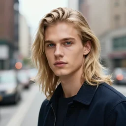 a beautiful young man, blond, long hair, blue eyes, fair skin, in the middle of the city