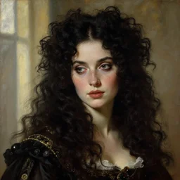 a beautiful and eerie baroque painting of a gorgeous young woman from vampire the masquerade bloodlines, with wild, dark, curly hair and freckles and haunted eyes, 1 9 7 0 s, afternoon light, delicate embellishments, painterly, she looks like catherine of braganza