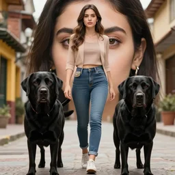 a close up, perfect face of beautiful Estefania Villegas Burgos walking next to her labrador black dog in Bogota, symmetrical, 8K, octane render, 8K,