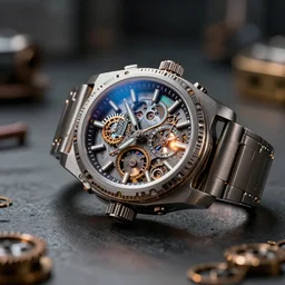 complex 3 d render of a futuristic steampunk watch lying on a table, high detail, sharp focus, glowing interior components, iridescence, intricate detail, depth of field, bokeh, cinematic lighting and composition, octane render, film grain, bell & ross