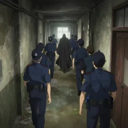 police men following a mage in a dilapidated building hallway, dramatic lighting, screenshot of anime episode, animated by yoh yoshinari, long shot