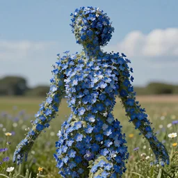 epic realistic photo human body made of blue wild flowers