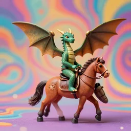 A miniature dragon riding a pony, psychedelic background
