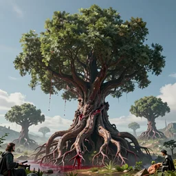 a beautiful hyperrealistic detailed 3 d render of a colossal, flying, vampiric tree sucking blood from the landscape with its roots, by anton otto fischer, atey ghailan, by goya, unreal engine, octane render, gigantic, 3 d, intricate, multiple angles, trending on artstation, volumetric lighting, hdr, polished, micro details, ray tracing, 8 k