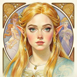 Elle Fanning as zelda portrait, Crayon, textured art by Stanley Artgerm Lau , greg rutkowski, thomas kindkade, alphonse mucha, loish, norman rockwell
