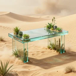 a desk made of rectangle tetris, in the desert, sandstorm, made of glass and plants, octane render, trending on artstation