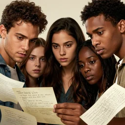 a movie poster of three male and one female brown person looking intensely at a bunch of handwritten paper notes, detailed digital art, trending on artstation, hyperrealistic faces and body