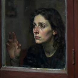 a woman looking through window, meeting inside, melancholic, intense, detailed, cinematic, dramatic lighting, by lucian freud
