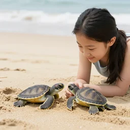 a couple of cute turtle babies playing in the sand at the beach