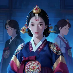 white korean woman wearing intricate korean accessories and clothes by ilya kuvshinov and anna dittmann and studio ghibli and wlop and rossdraws, digital art, blue lighting, trending on artstation, anime arts, featured on pixiv, blue lighting, hd, 8 k, highly detailed, good lighting, beautiful, epic, masterpiece