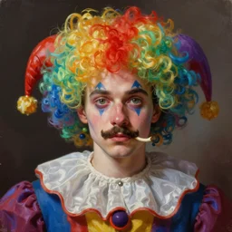 oil matte portrait, jester with mustache and rainbow wig. digital painting, fantasy, concept art, cinematic colors, realistic shaded. by ilya kuvshinov, magali villeneuve, artgerm, greg rutkowski
