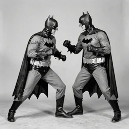 old black and white photo, 1 9 1 3, depicting batman fighting a bad guy in an ally of new york city, rule of thirds, historical record