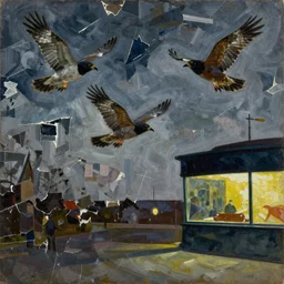 night hawks, painting by shaun tan, detailed, intricate, torn paper decollage, oil on canvas by edward hopper, ( by mattias adolfsson ), by moebius