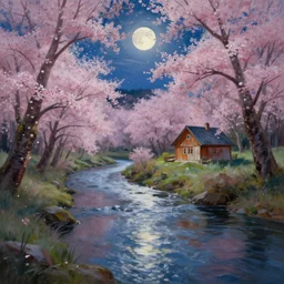 a beautiful painting of a river running past a cabin in a cherry blossom forest, volumetric lighting, moonlit by greg rutkowski and kalin popov, trending on artstation, masterpiece,
