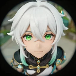 white haired young guy with green eyes, anime portrait, ecchi style, genshin impact, high quality, octane engine, very close shot, fisheye