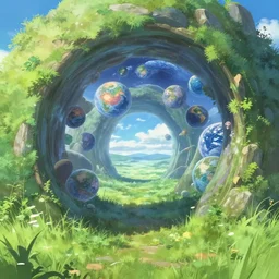 close-up of a multi-dimensional portal leading to many worlds in a grassy plain, a fantasy digital painting by Makoto Shinkai, trending on Artstation, highly detailed