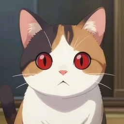 anime visual of a cute calico cat, with red eyes!!!!, high quality detailed anime, cel shaded, digital art by last exile murata range blue submarine no 6, hd, ambient light