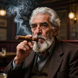 a intricately detailed portrait of an old man, smoking a lit symmetrical cuban cigar in an pub, cinematic photography, smoke rising like clouds, beautifully symmetrical, super resolution, cgi, trending on art station, volumetric lighting & shadows, hyper detailed, 8 k, digital art, unreal engine, in the style of a escher, canon 2 0 0 mm,