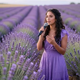 angela anaconda reciting poetry in a field of lavender, in the style of arthur adams