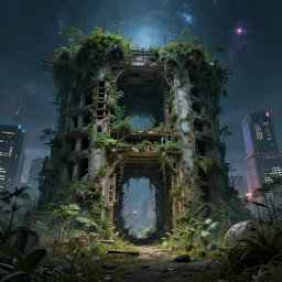a beautiful hyperdetailed render of city urbex nature unfinished building portal building by claude lorrain, at night sci - fi nature retrowave tokyo galactic wilderness, archdaily, wallpaper, highly detailed, trending on artstation.