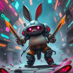 anthropomorphic chubby rabbit robot, holding daggers, with human characteristics in a futuristic arena, digital art, epic composition, fantasy cyberpunk, explosion of color, highly detailed, in the style of jakub rebelka artstation, in the style of jake parker, in the style of conrad roset, swirly vibrant colors, sharp focus
