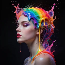 rainbow melting dripping over a phantom head of beautiful woman splash art graphic design color splash high contrasting art, fantasy, highly detailed, art by greg rutkowski