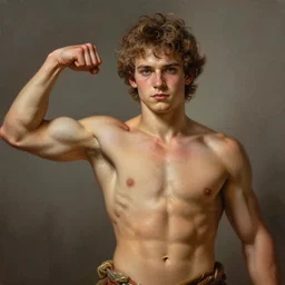 hyperrealistic painted portrait of rugged young teen twink zeus greek god showing biceps, zyzz pose, handsome handsome detailed digital painting trending artstation concept art sharp focus illustration art by alphonse mucha greg rutkowski