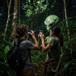 an amatir photo capturing alien on jungle at night, candid