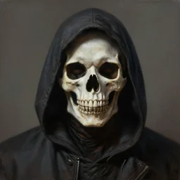 an portrait of an hooded man with a skull face, Matte painting , detailed painting, made by Greg Rutkowski, 4k resolution, atmospheric, extremely high detail
