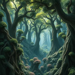 , fractal forest, hyper detailed, fractal essence, transcending, infinity, miyazaki, illustration, dan seagrave