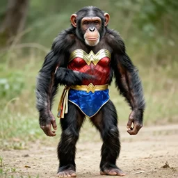 a Chimpanzee holding dressed as Wonder Woman, her legs, thighs and calves are completely covered in fur, skin on legs covered in chimpanzee fur, photographed in the style of Annie Leibovitz, photorealistic