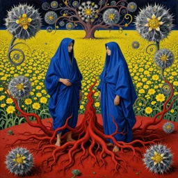 two people dressed in blue cloth with lots of beautiful folds in red desert captured by massive intricate mystical roots of in a sea of yellow flowers, surrounded by swirls of prickly flowers, highly detailed, intricate, surreal, painting by Franz Marc, part by Yoji Shinkawa, part by Norman Rockwell