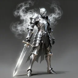 warrior of death with big sword and shining armor standing and looking down, out of his back is coming white smoke, in the style of dark souls, conzept art