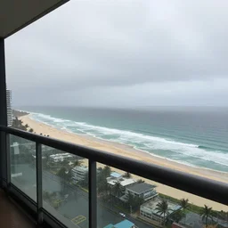 a photograph from a high rise balcony overlooking the pacific ocean, gold coast australia, rainy grey afternoon, low visibility